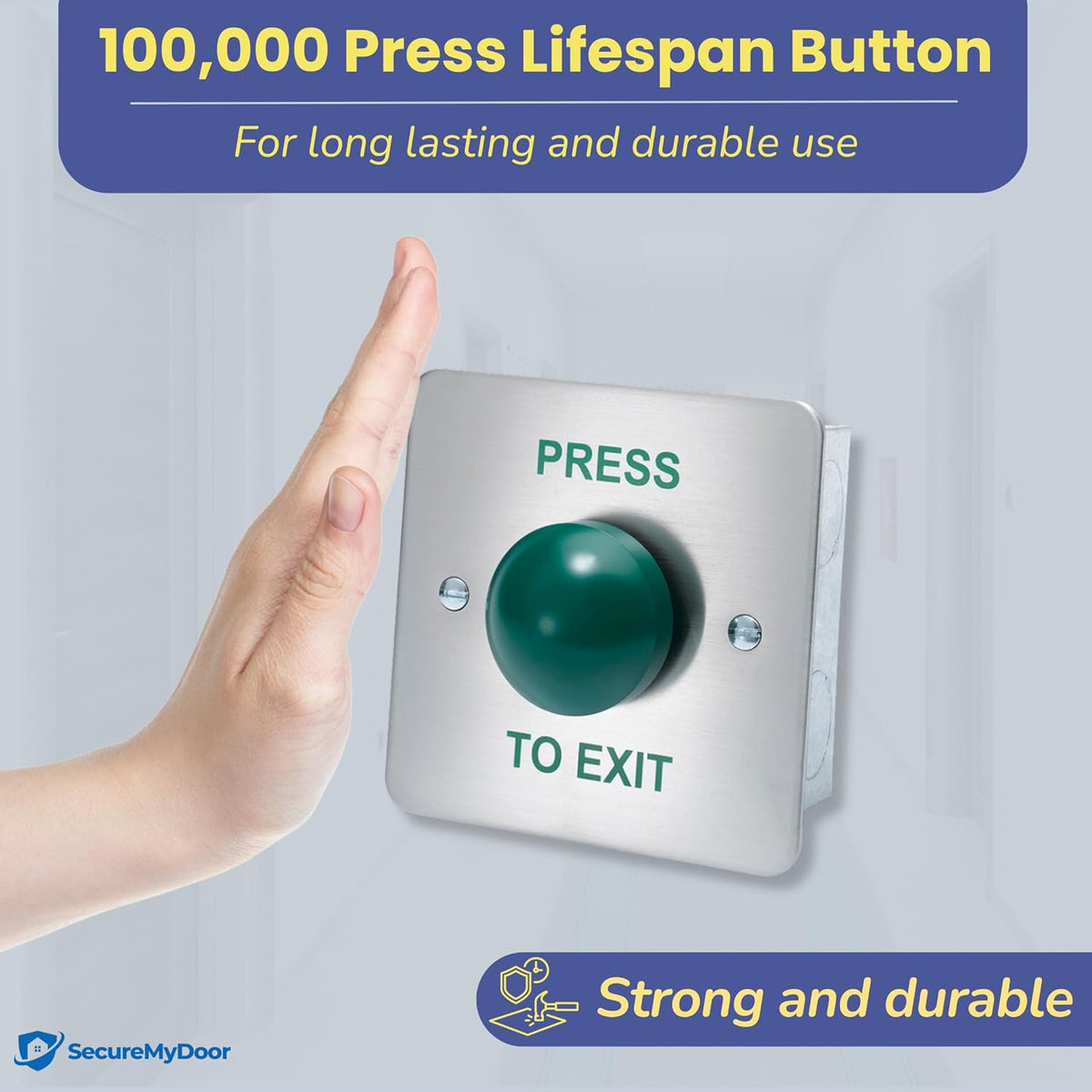 SecureMyDoor DRB004F-PTE dome exit button with easy-to-press design for emergency exit control, shown in close-up.