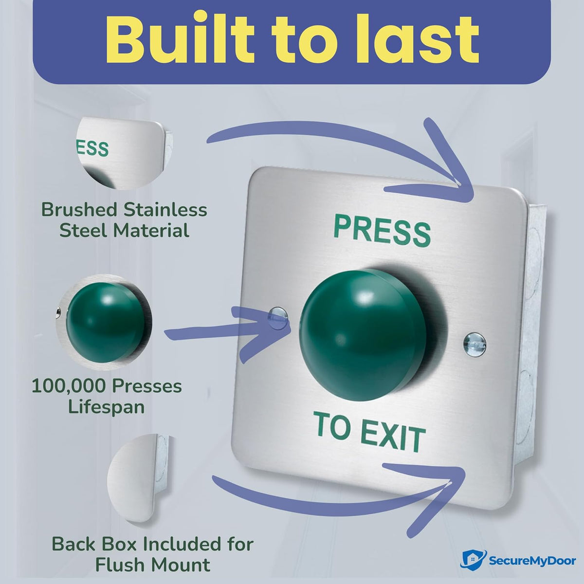 SecureMyDoor DRB004F-PTE dome exit button with push mechanism, mounted on a wall for emergency exit access.