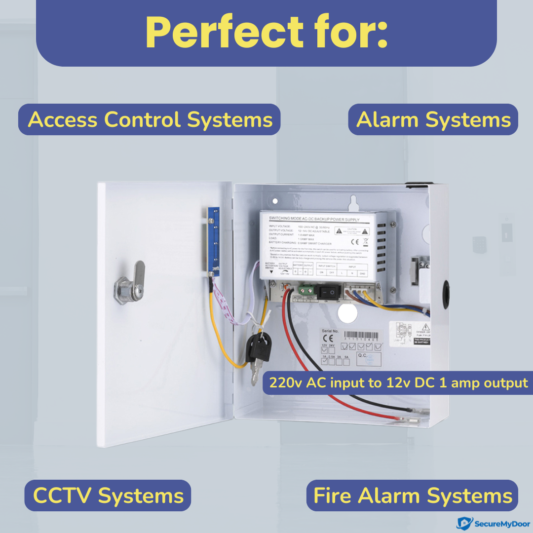 1amp Power Supply for Access Control | 220V AC to 12V DC | Lockable Metal Box - SecureMyDoor