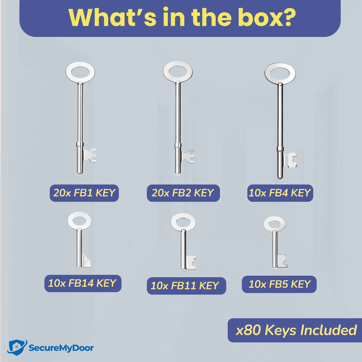 SecureMyDoor FBK-8 fire brigade key set with 8 keys, shown in a pack of 10, designed for quick access and safety.