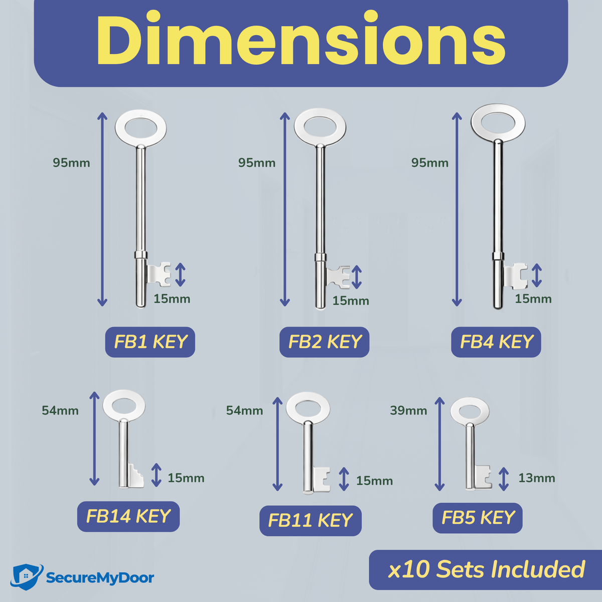 Set of eight SecureMyDoor Fire Brigade keys in a pack of ten, shown with metal key heads and standard key blades.
