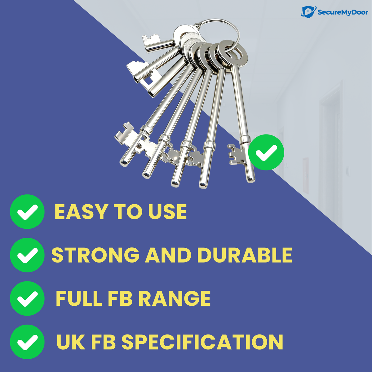 Set of eight SecureMyDoor Fire Brigade keys in a pack of ten, showcasing metal keys with fire brigade labeling.