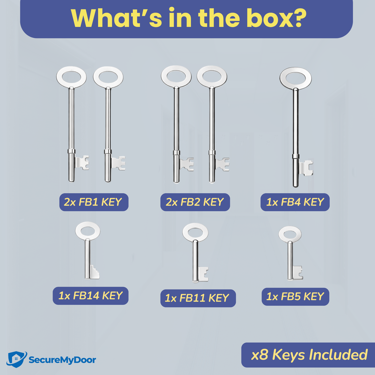 Set of 8 Fire Brigade keys from SecureMyDoor, arranged on a keyring, designed for fire emergency access and safety.