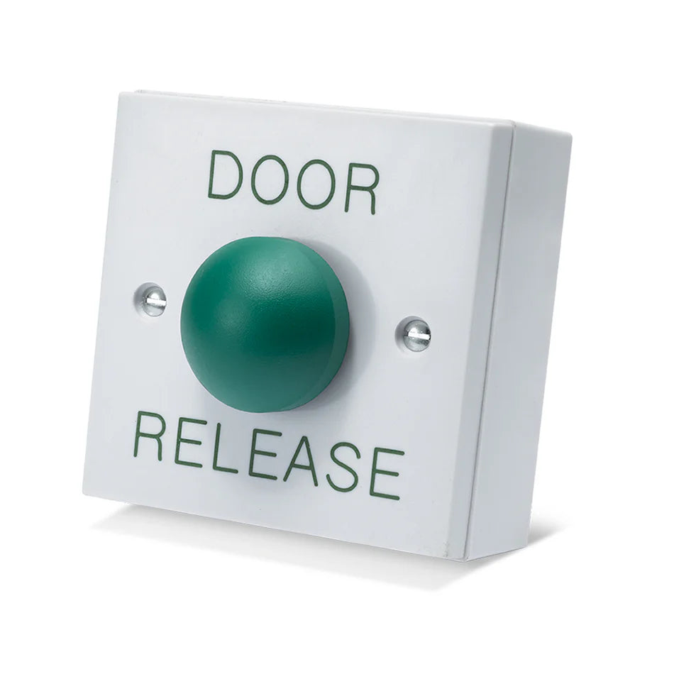SecureMyDoor DRB009 Series dome exit button showing a black push button with metal mounting hardware.