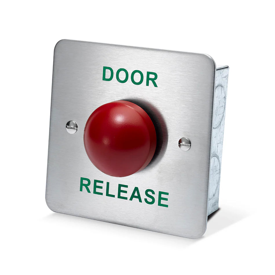 SecureMyDoor DRB010 Series dome exit button with a red push plate and black housing for emergency exit access.