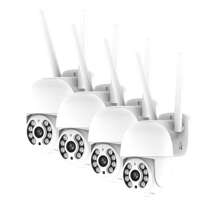 SecureMyDoor CCTV741 4-channel wireless PTZ camera with LCD NVR kit, showing cameras, NVR unit, and setup components.