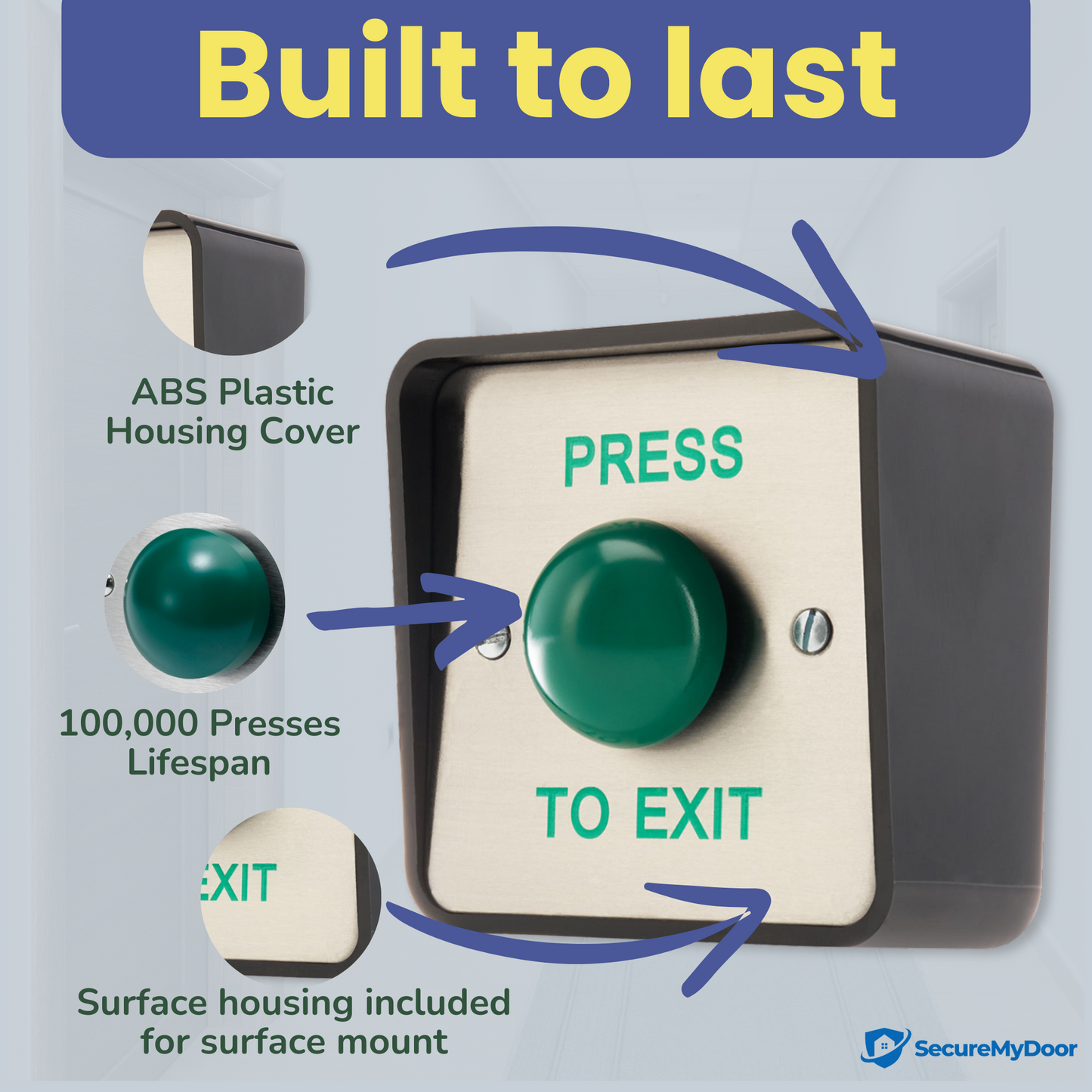 Outdoor IP65 PRESS TO EXIT Button | Weather Resistant Push Door Entry Release Switch for Access Control | Brushed Stainless Steel Plate with ABS Plastic Housing