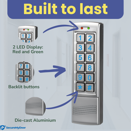 Proximity Digital Keypad for Door Entry System | Both RFID Fobs and PIN code Entry | IP65 Weather Resistant for Outdoor and Indoor Use | Standalone Touchpad Backlight LED Keypad - SecureMyDoor