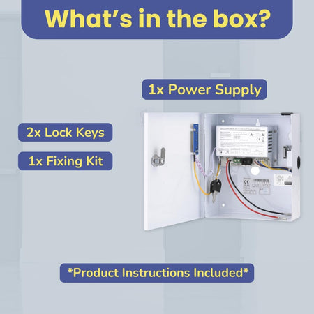 SecureMyDoor PS2A-12VS smallbox power supply for security systems, compact additional equipment with cable connections.