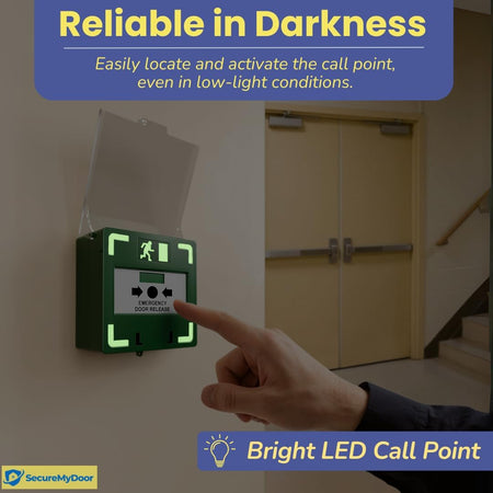 SecureMyDoor MCP-110 resettable illuminated call point with sounder, exit device for emergency alert and safety.