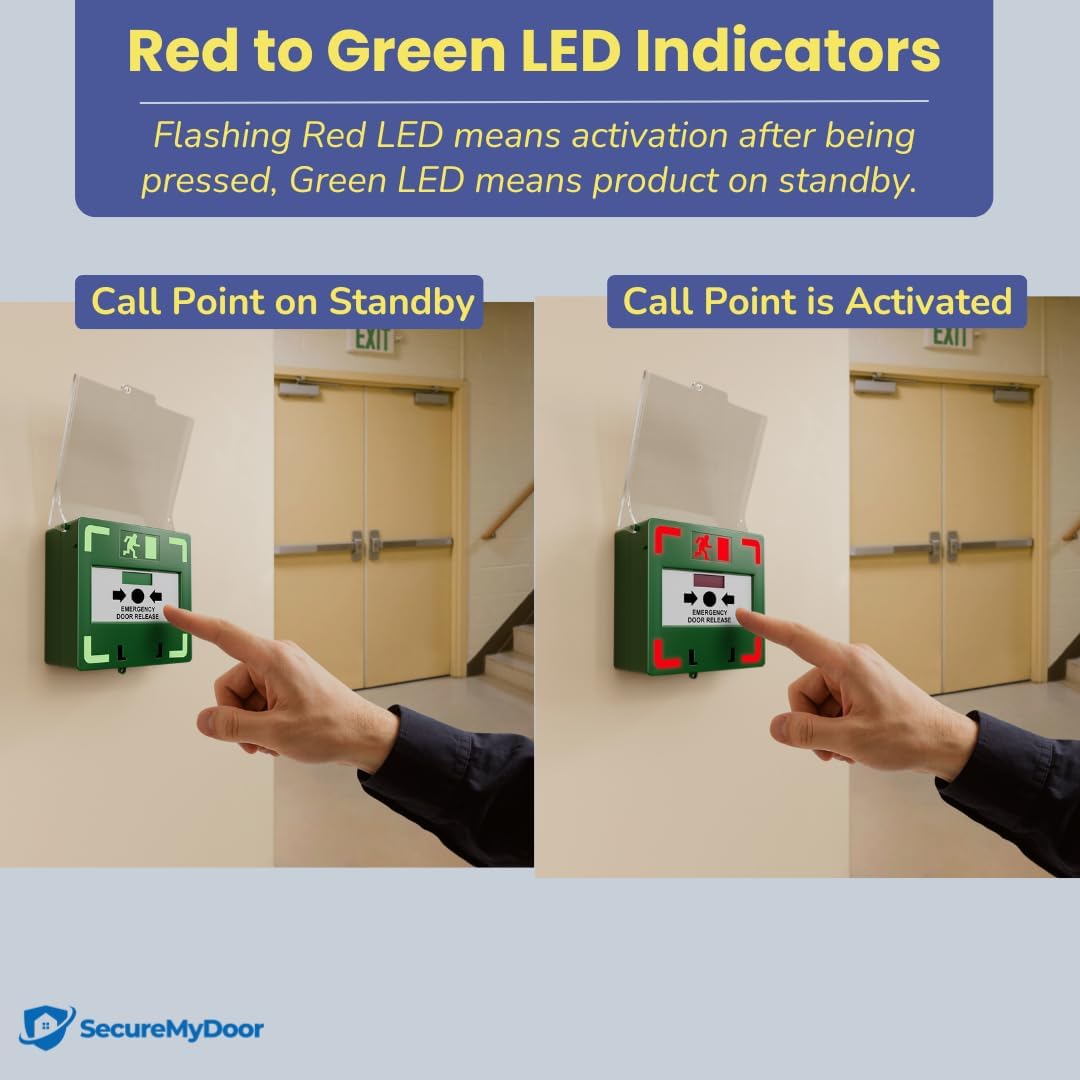 SecureMyDoor MCP-110 resettable illuminated call point with sounder, exit device for emergency signaling and safety.