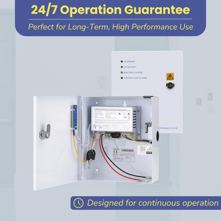 SecureMyDoor PS1A-12VS small box power supply for security systems, with connectors and compact design visible in the image.