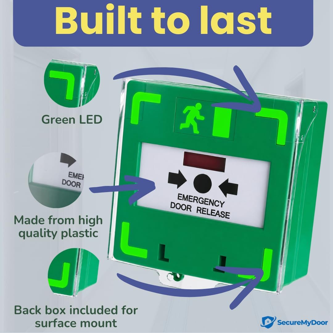 SecureMyDoor MCP-110 resettable illuminated call point with sounder, exit device for emergency alert and safety signaling.