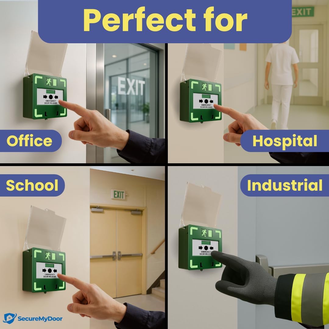 SecureMyDoor MCP-110 resettable illuminated call point with sounder, exit device for emergency signaling and safety alert.