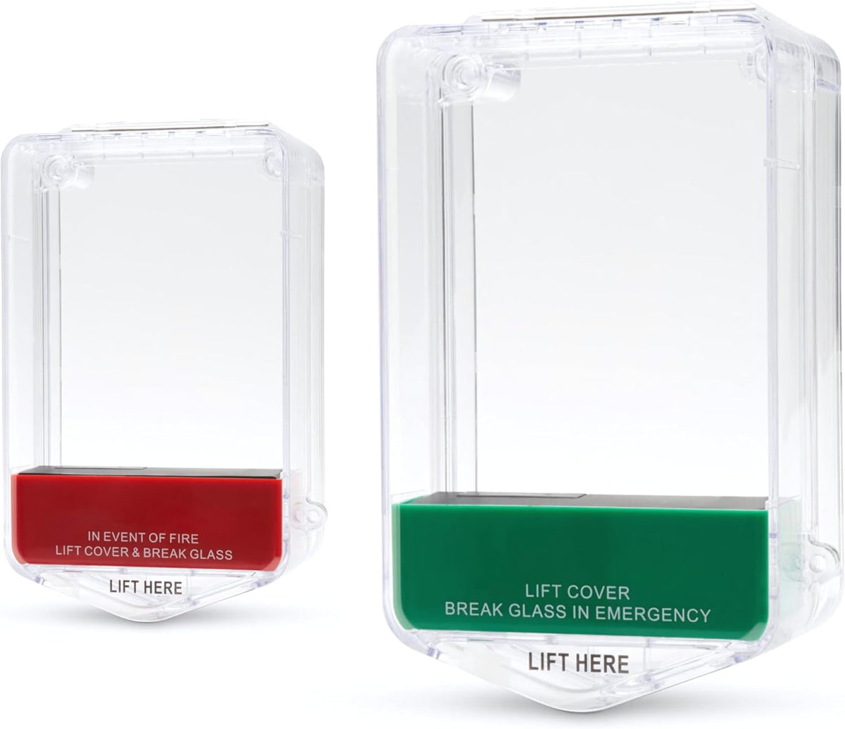 SecureMyDoor SP-2 Call Point Protector mounted on a fire alarm call point for safety and vandalism protection.