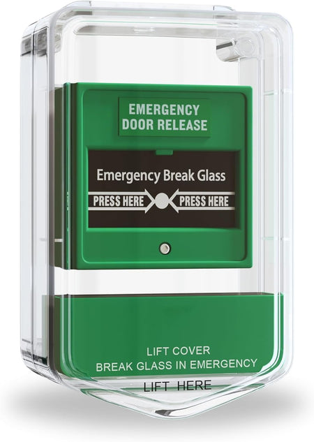 Emergency Door Release Break Glass Call Point | Green Plastic Surface Mount | Double-Pole Manual Override for Magnetic Locks Access Control (Call Point with Alarm Cover) - SecureMyDoor