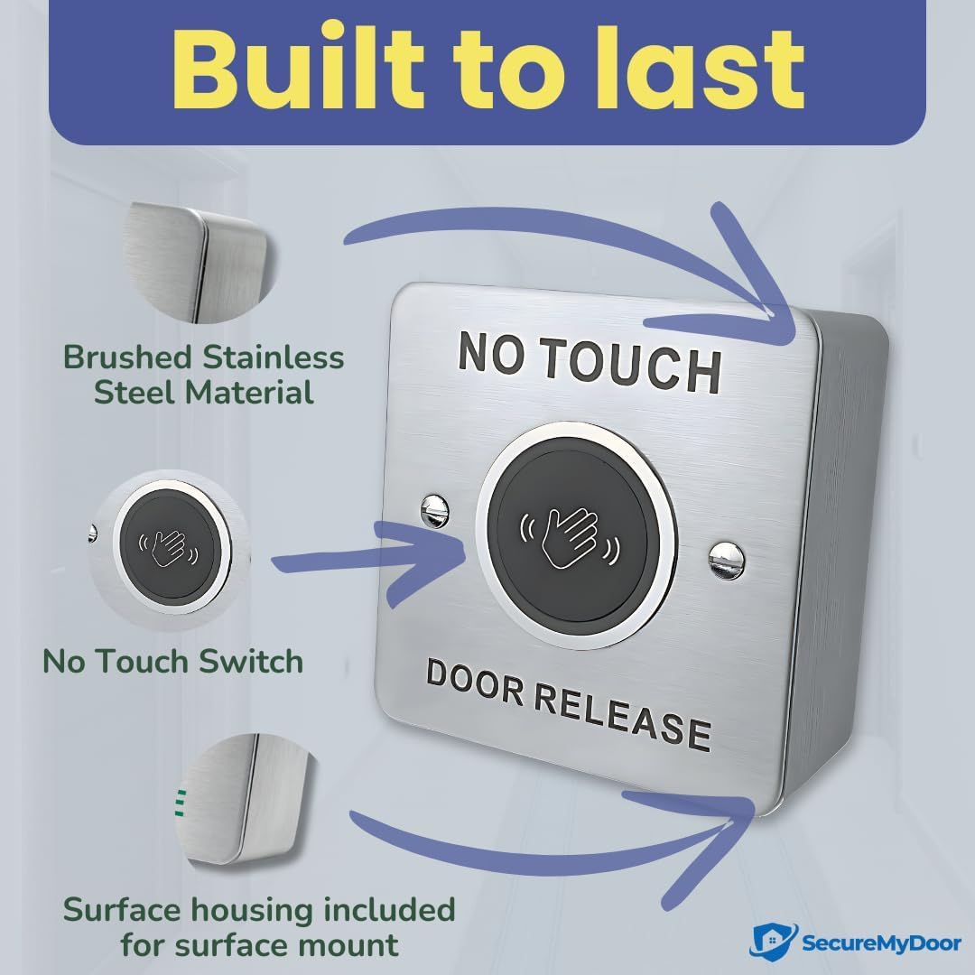 No Touch Exit Button Hands-Free Door Release Switch with LED Indicator - Surface Mount with Infrared Technology - Brushed Stainless Steel