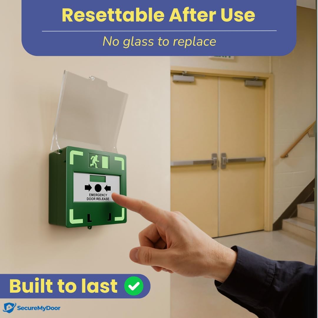 SecureMyDoor MCP-110 resettable illuminated call point with sounder, exit device for emergency signaling and safety.