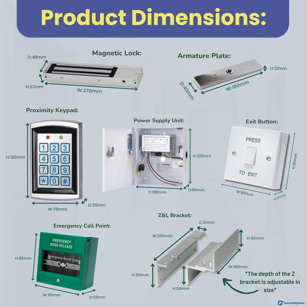 SecureMyDoor single door entry system kit with magnetic lock, including control panel and accessories for secure access.