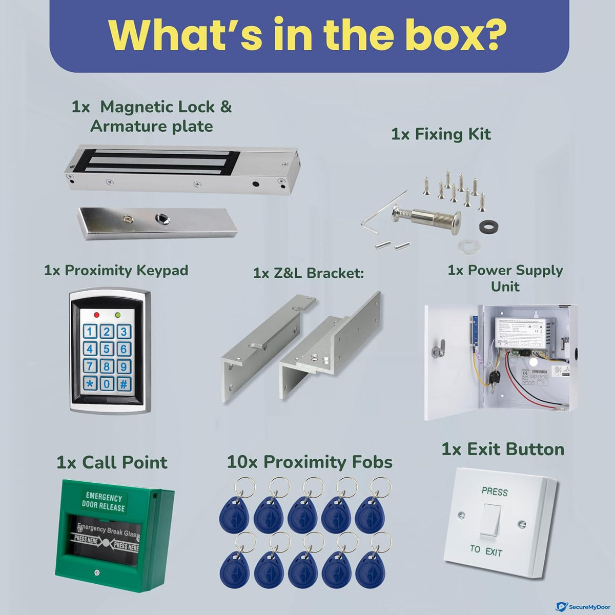 SecureMyDoor single door entry system kit with magnetic lock, including control unit and mounting hardware for secure access.
