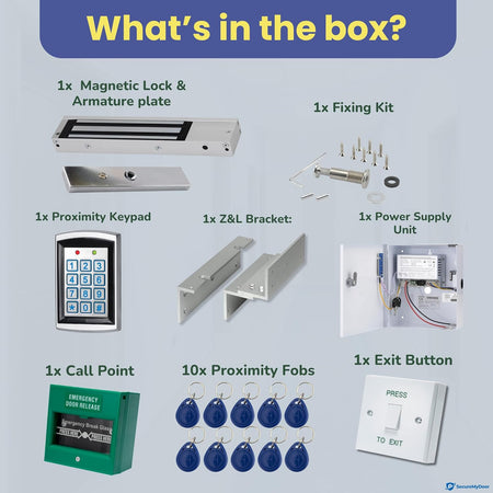 SecureMyDoor single door entry system kit with magnetic lock, including control unit and mounting hardware for secure access.