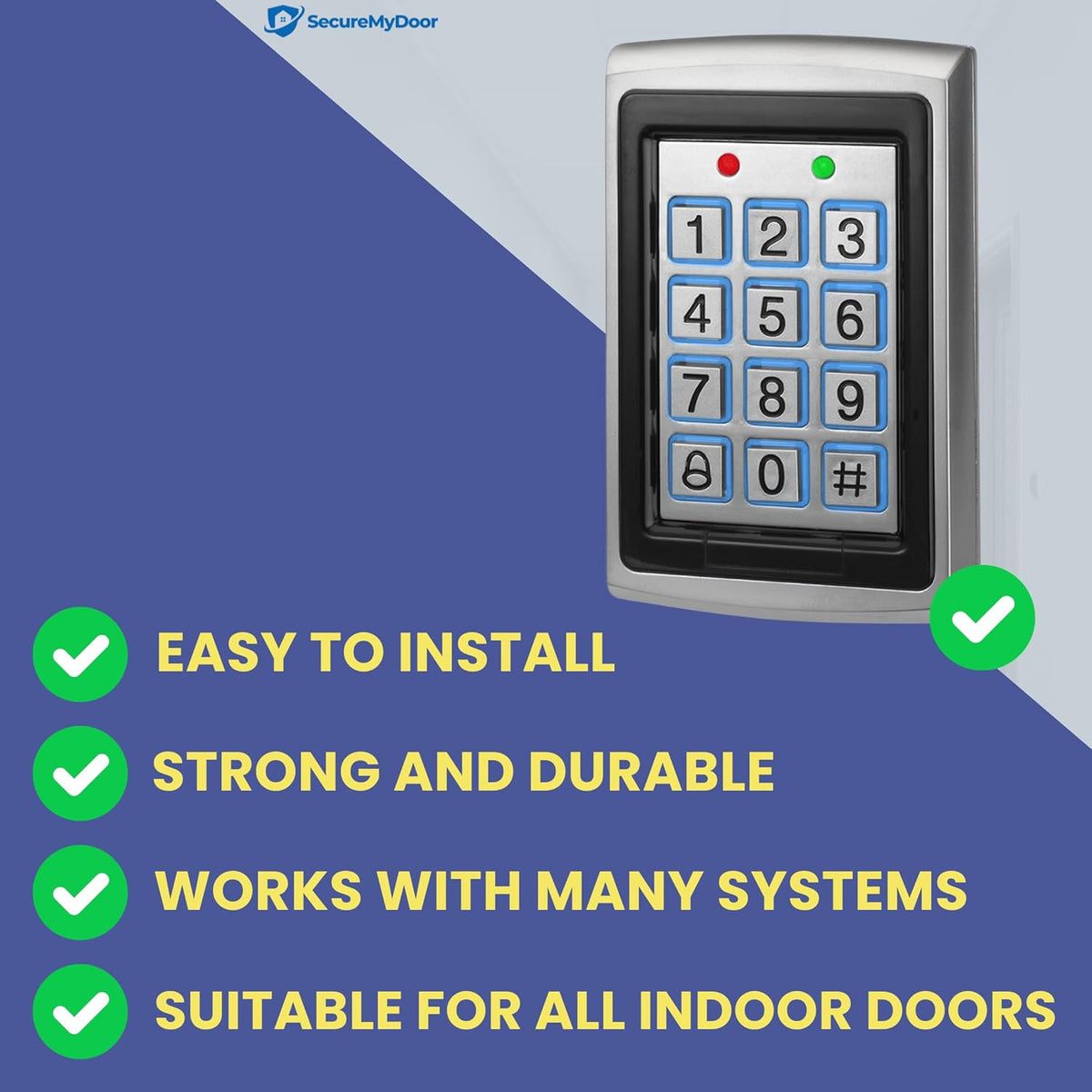 SecureMyDoor KP-500 access control device with keypad and proximity card reader for secure entry management.