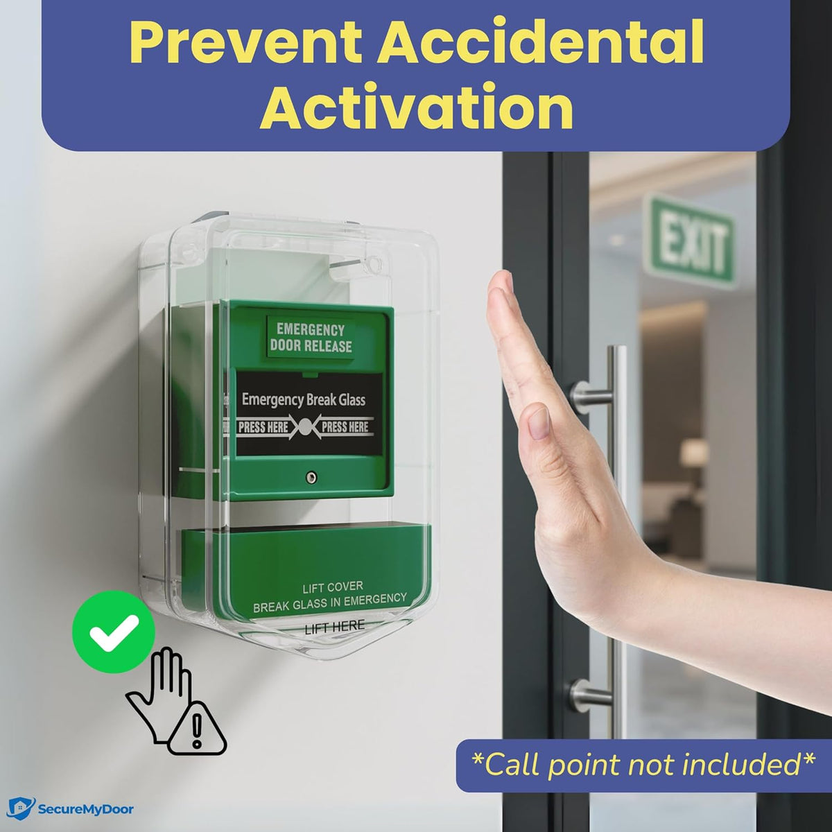 SecureMyDoor SP-2 Call Point Protector installed on a fire alarm call point for safety and vandalism prevention.