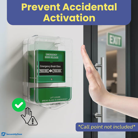 SecureMyDoor SP-2 Call Point Protector installed on a fire alarm call point for safety and vandalism prevention.