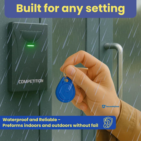 SecureMyDoor KT-10-BC access control token with keypad and RFID scanner for secure building access management.