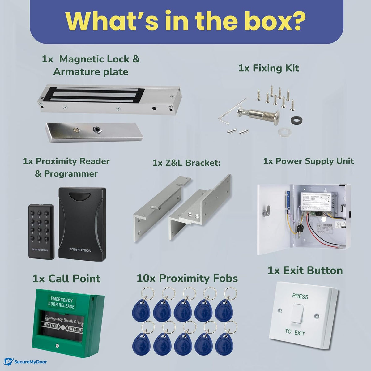 SecureMyDoor single door entry system kit with magnetic lock and access control components for secure door entry.