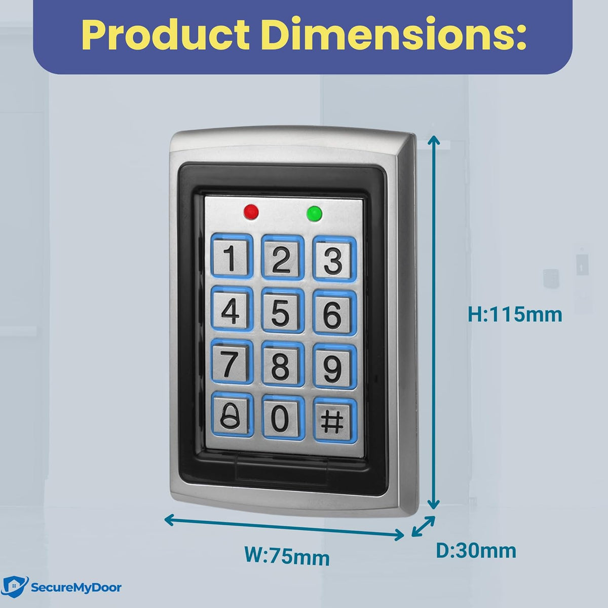 SecureMyDoor KP-500 access control panel with keypad and proximity card reader for secure entry.