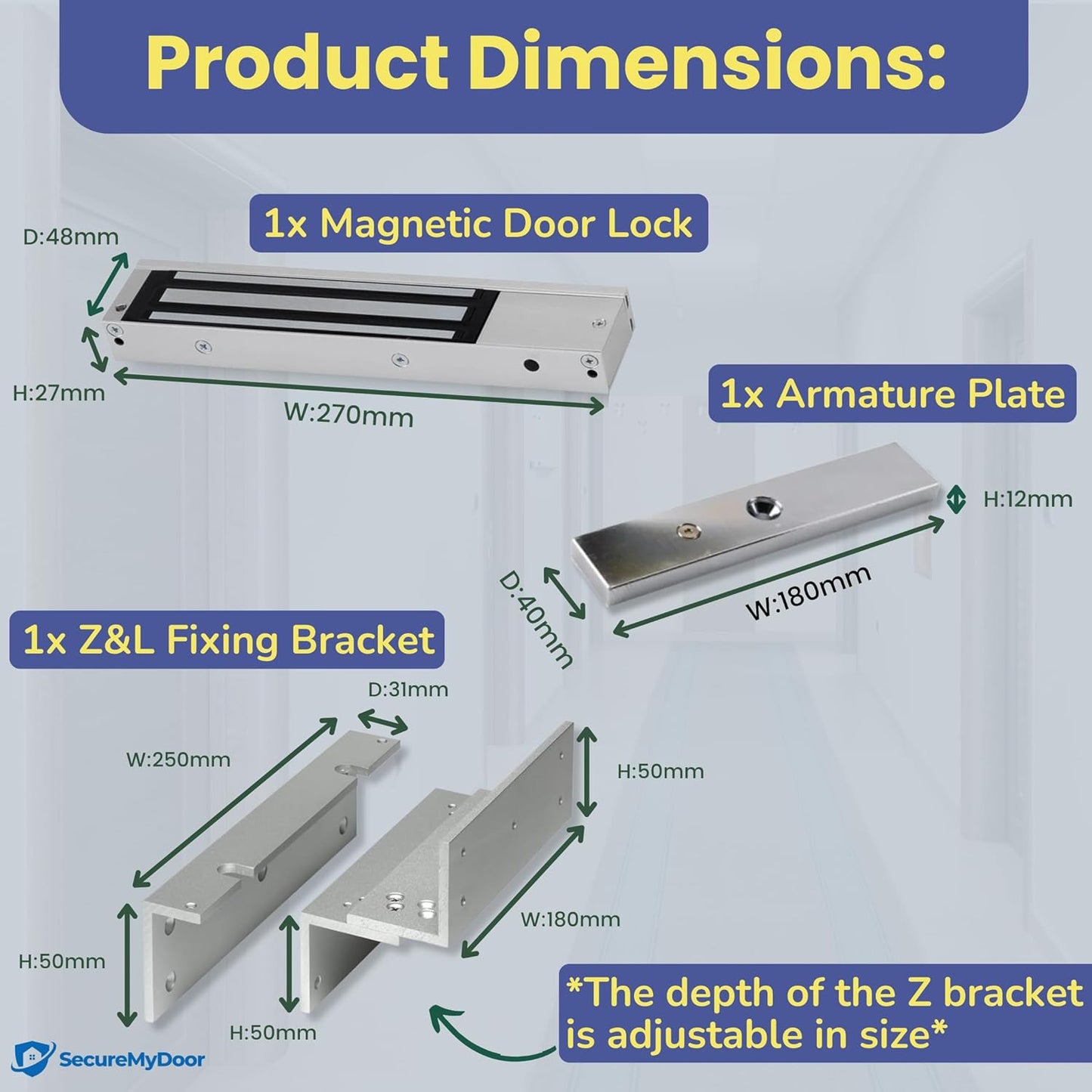 Indoor LED Maglock with Z & L Fixing Bracket | Magnetic Door Lock Fail Safe | 272KG Holding Force | for Access Control Systems | 12V DC - 24V DC | Electric Door Lock