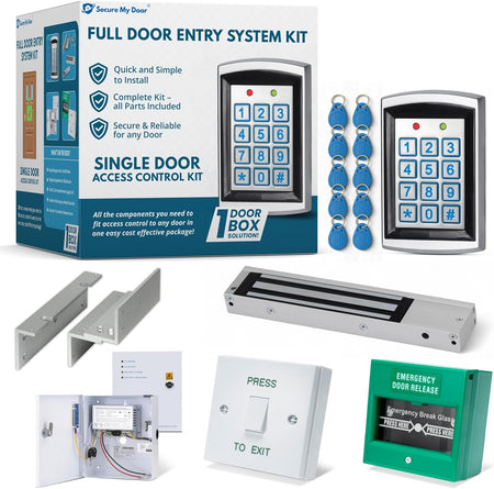 SecureMyDoor single door entry system kit with magnetic lock, including access control components and wiring for easy installation.