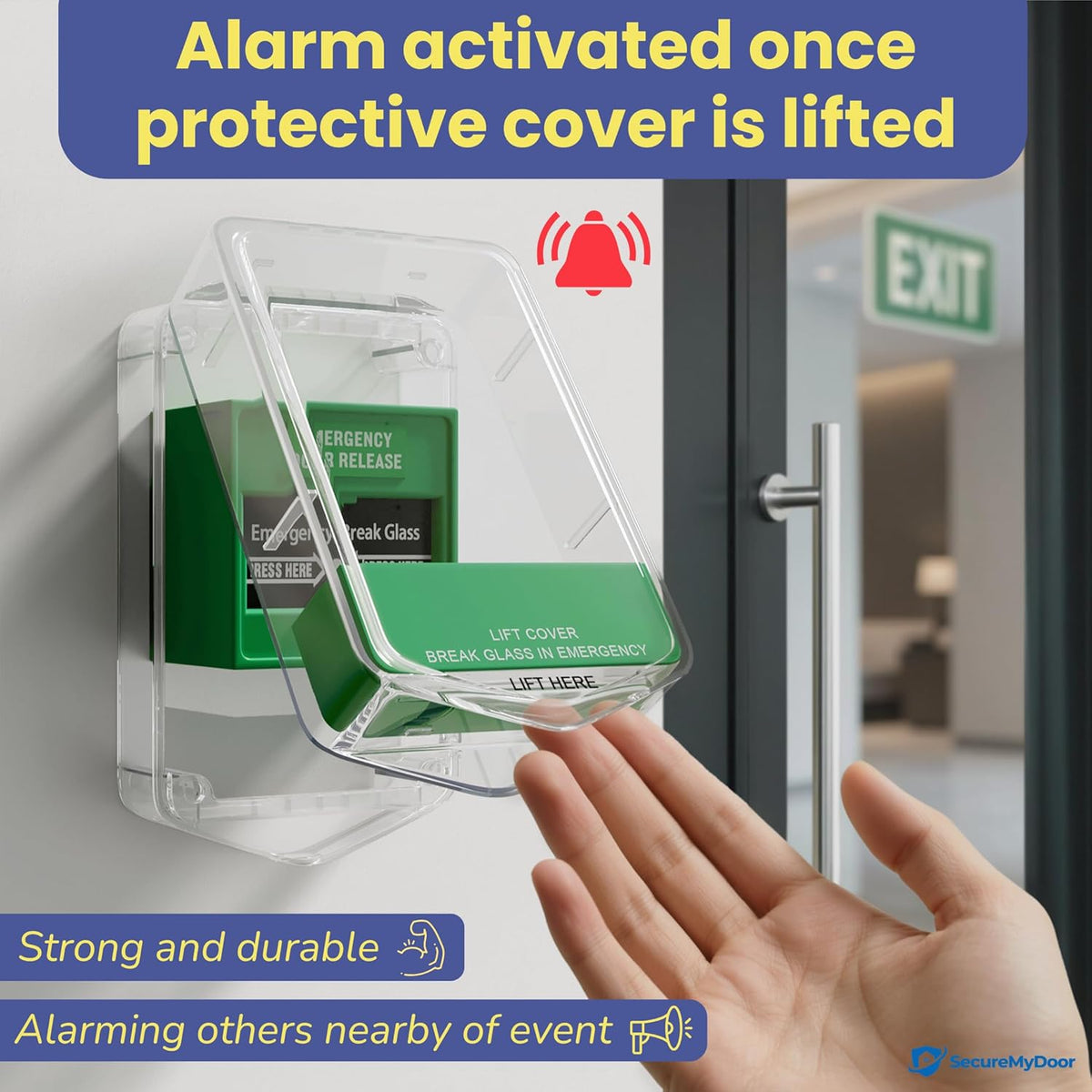 SecureMyDoor SP-2 Call Point Protector mounted on a fire alarm call point for protection and durability.