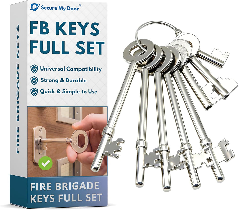 Fire Brigade Key Set of 8, FB1 FB2 FB4 FB5 FB11 FB14 | Emergency Access Keys, Communal Doors, Rim Slamlocks, Padlocks, Utility Cupboards, Zinc Alloy