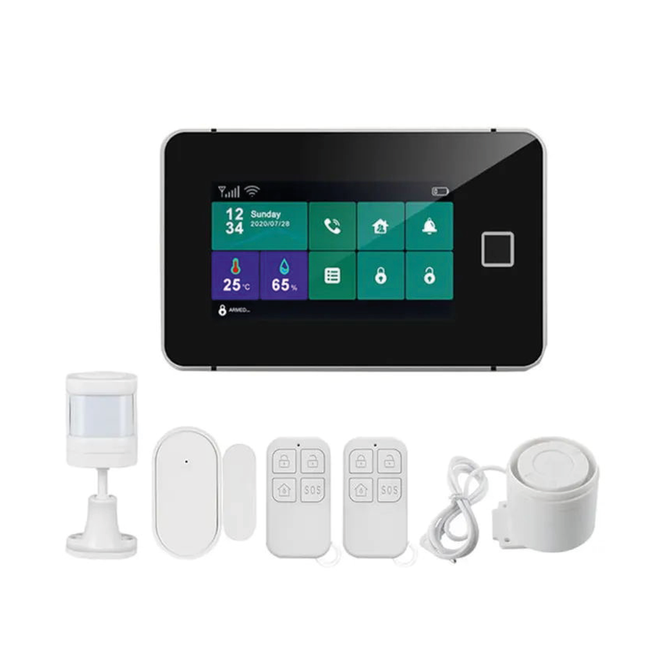 Wireless ALM5000 alarm kit by SecureMyDoor with control panel, sensors, and communication modules for home security.