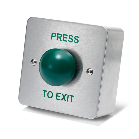 SecureMyDoor - PRESS TO EXIT Green Dome Button Push Door Release Switch | Brushed Stainless Steel | Easy Installation | Ideal for Commercial & Residential Buildings