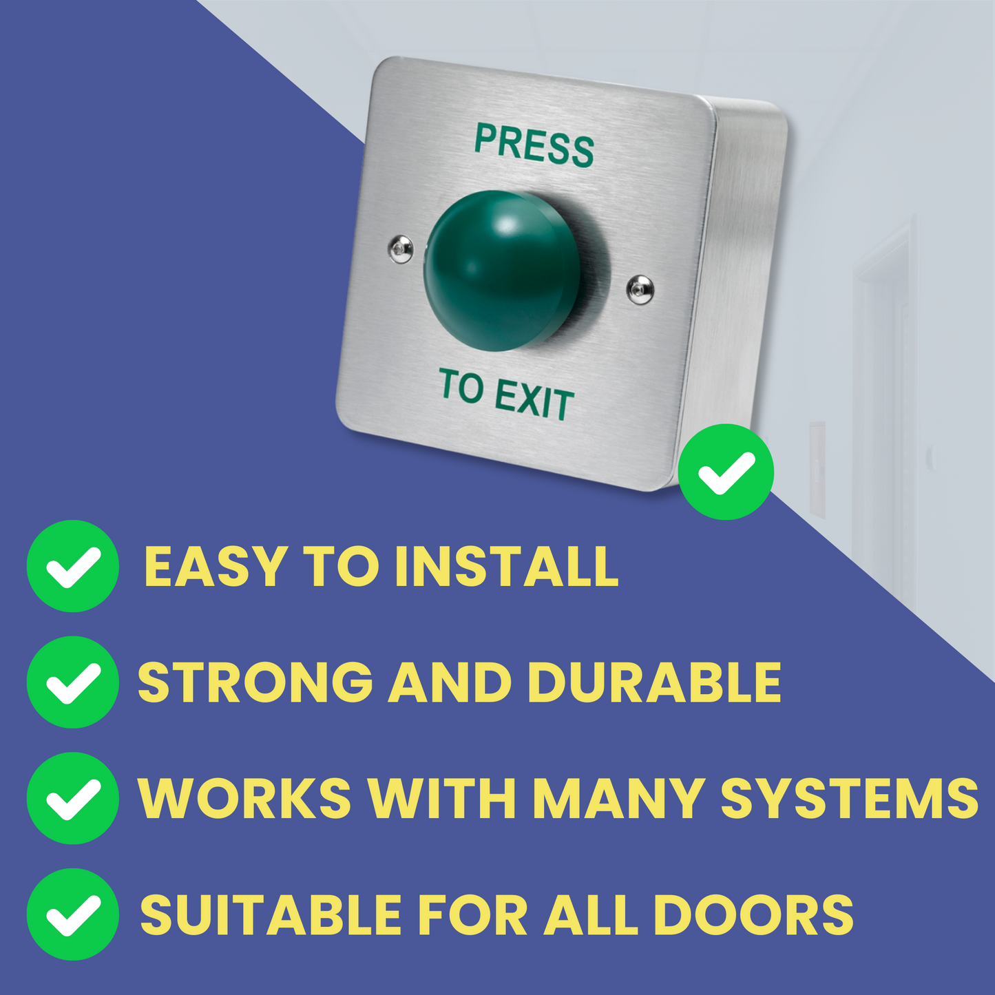 SecureMyDoor - PRESS TO EXIT Green Dome Button Push Door Release Switch | Brushed Stainless Steel | Easy Installation | Ideal for Commercial & Residential Buildings