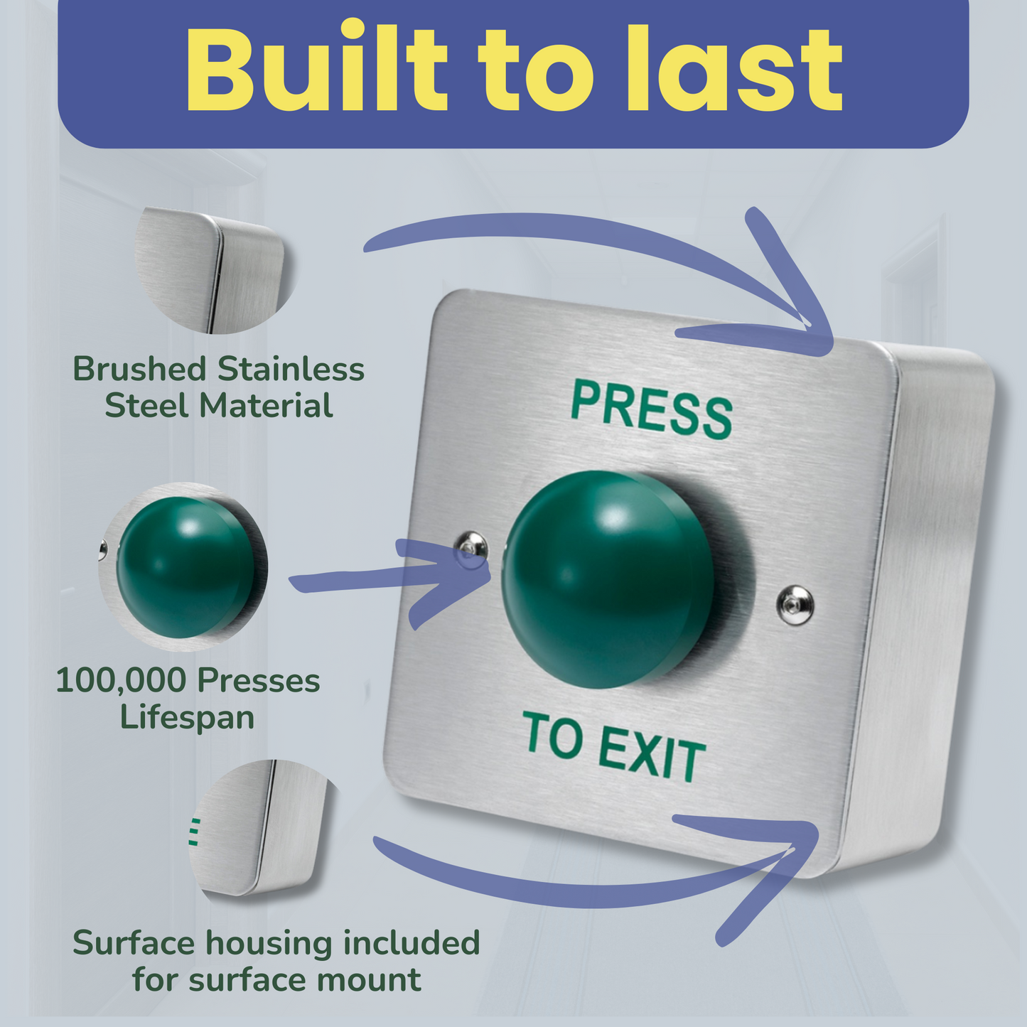 SecureMyDoor - PRESS TO EXIT Green Dome Button Push Door Release Switch | Brushed Stainless Steel | Easy Installation | Ideal for Commercial & Residential Buildings