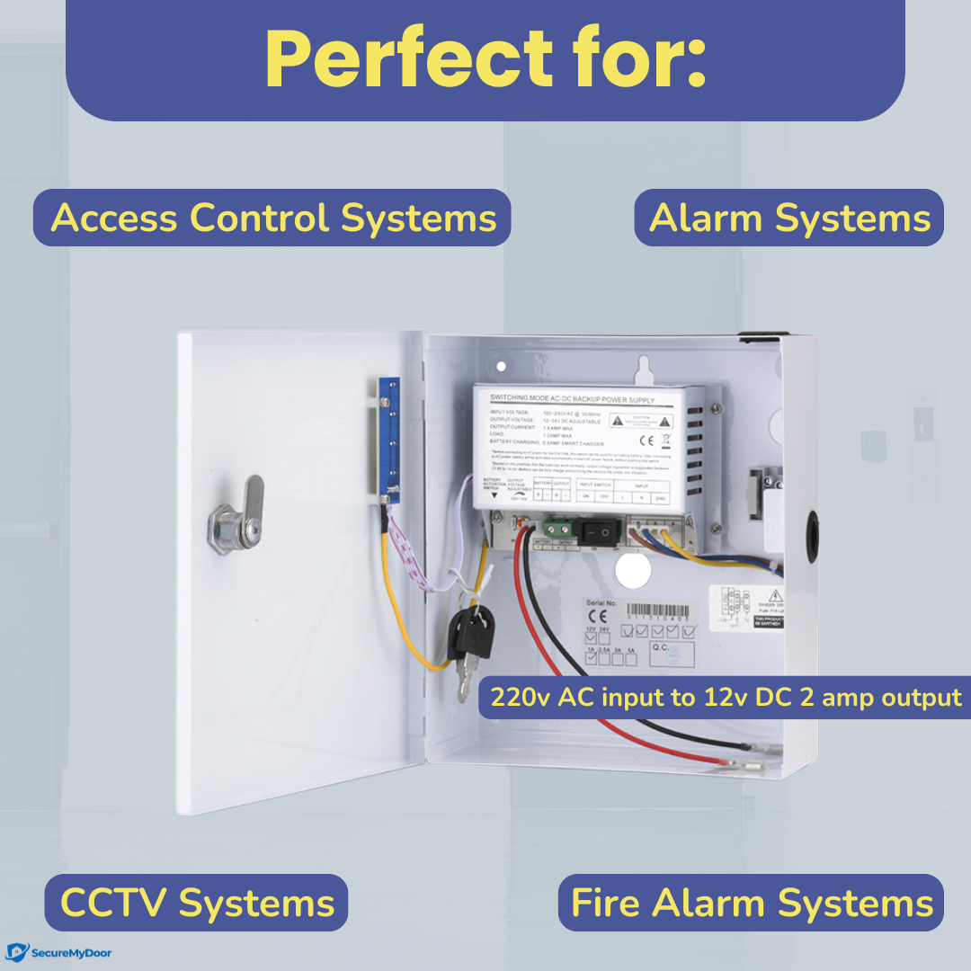 2amp Power Supply for Access Control | 220V AC to 12V DC | Lockable Metal Box - SecureMyDoor