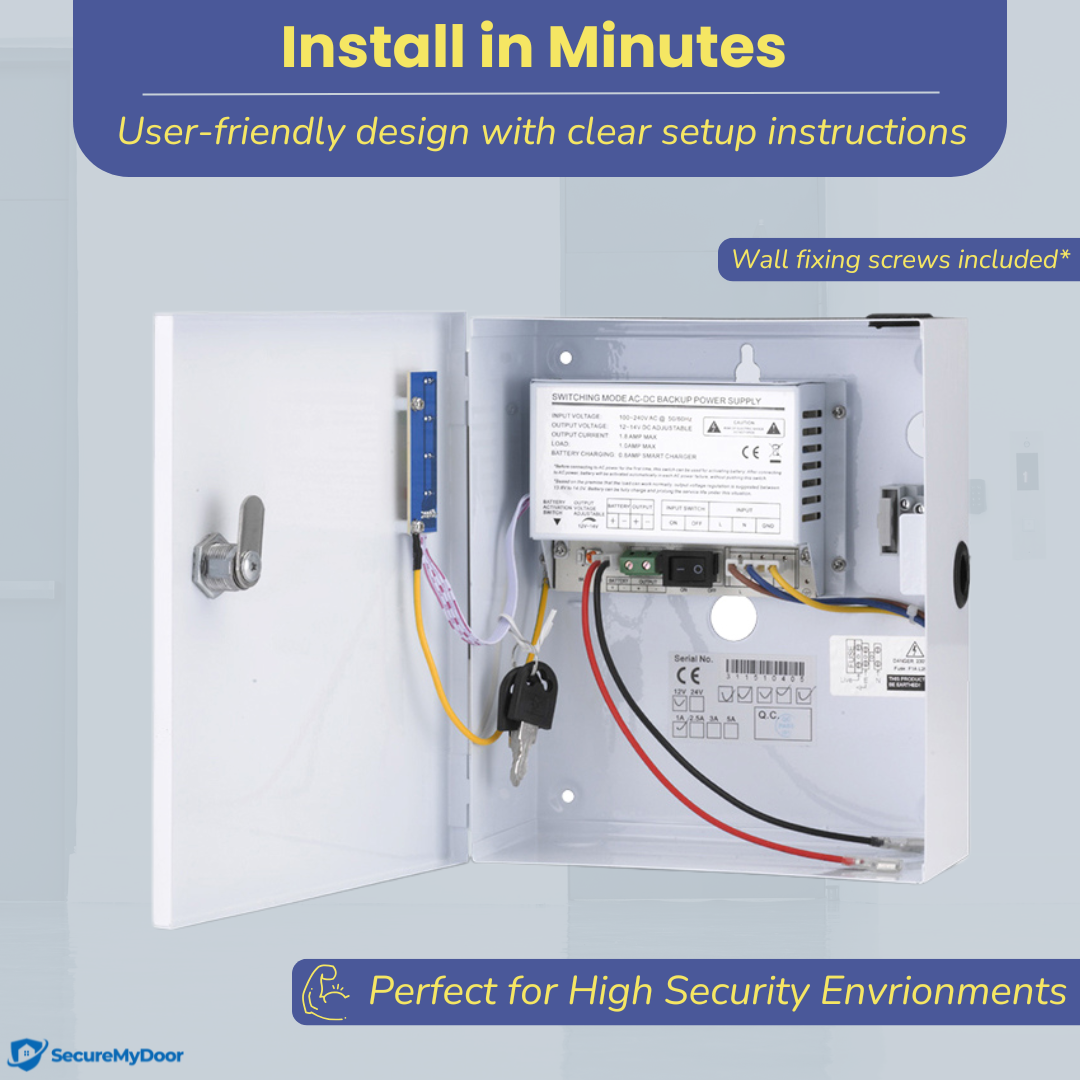 2amp Power Supply for Access Control | 220V AC to 12V DC | Lockable Metal Box - SecureMyDoor