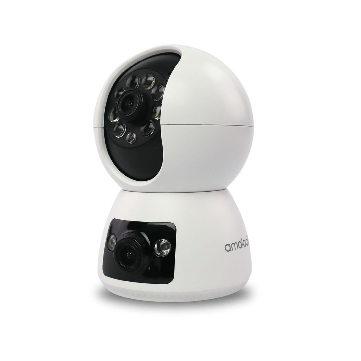 Amalock Smart Living CAM350-AT auto tracking dual lens video security camera showing square design with dual lenses and black finish.