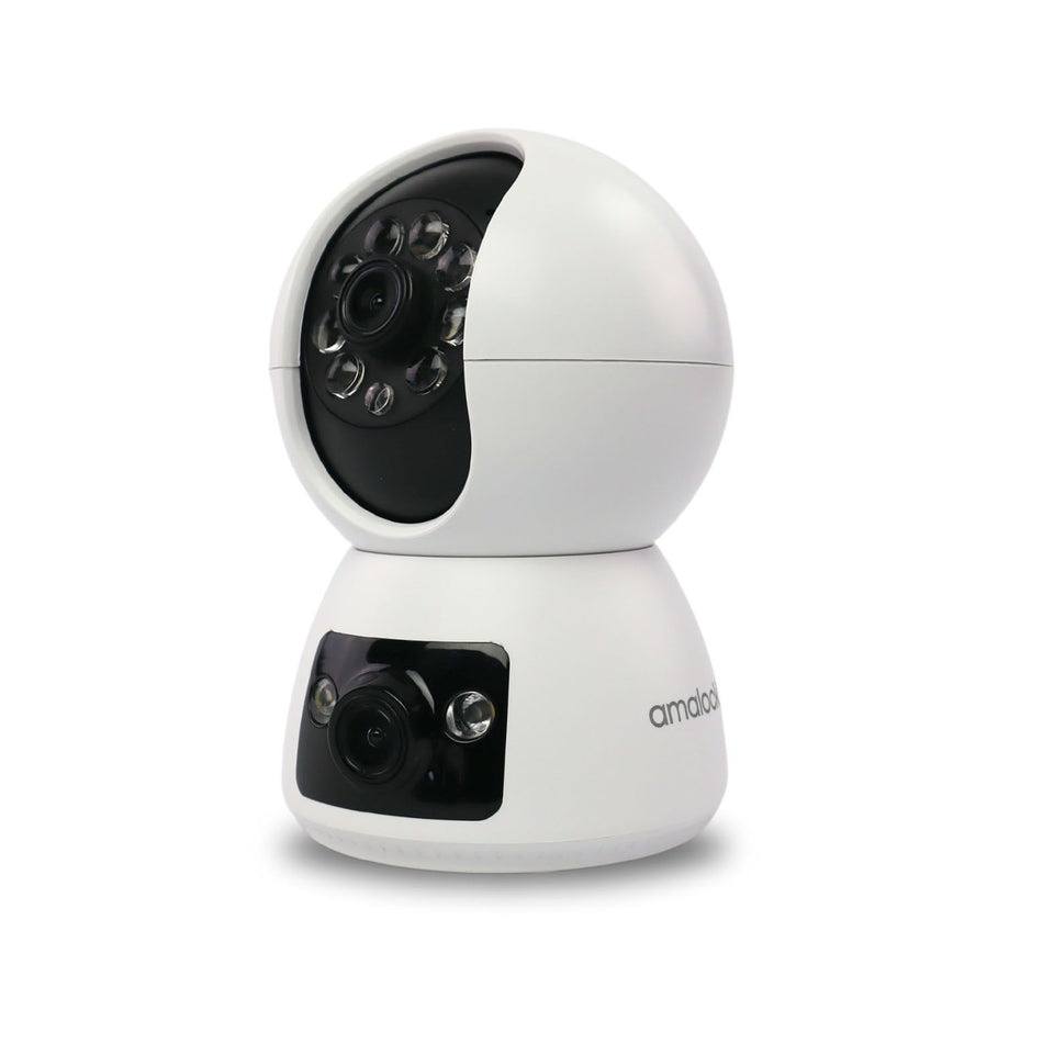 Amalock Smart Living CAM350-AT auto tracking dual lens video security camera showing square design with dual lenses and black finish.
