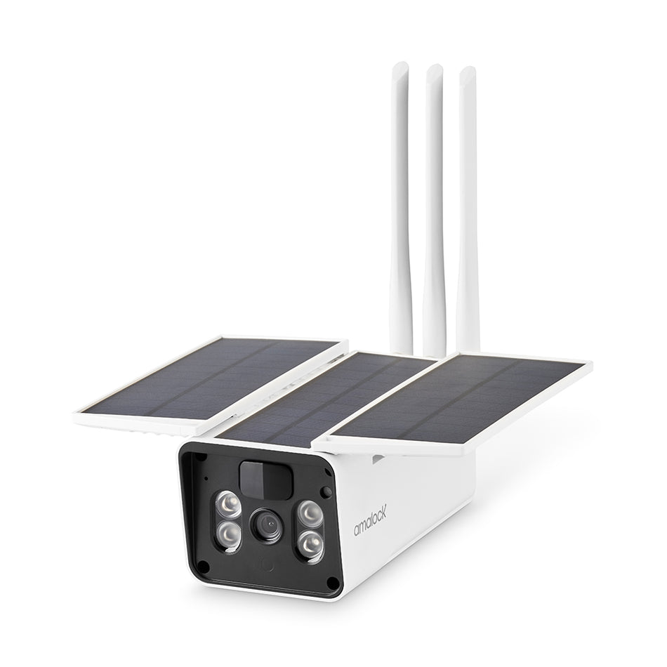 SecureMyDoor CAM500 solar wireless Wi-Fi video camera for home security, with outdoor weather-resistant design and night vision.
