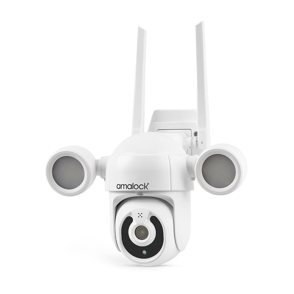 Amalock Smart Living CAM620FL Wi-Fi floodlight video camera with outdoor security features and bright LED floodlight.