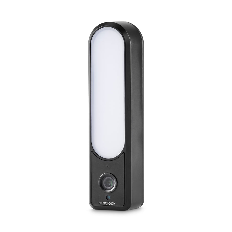 SecureMyDoor CAM640FL Floodlight Wi-Fi Video Camera showing outdoor security floodlight with camera and motion sensor in a residential setting.