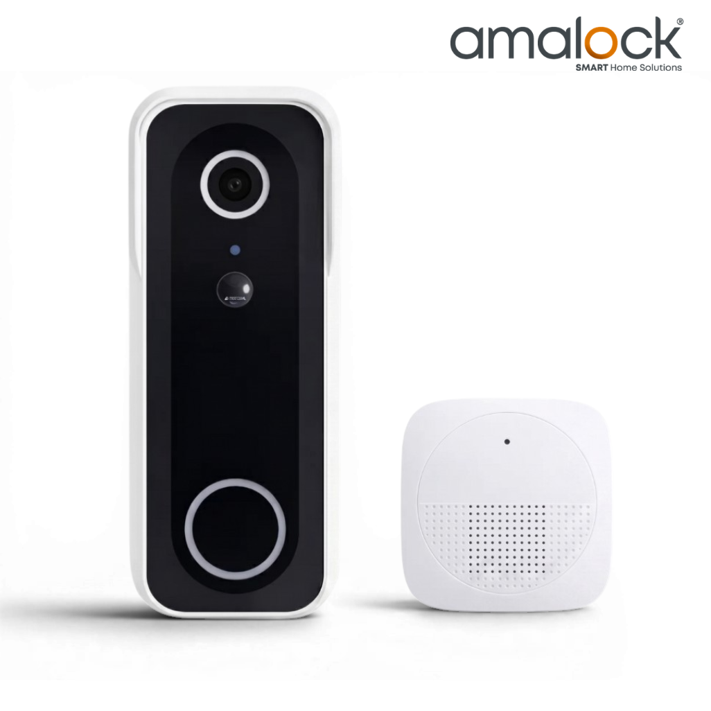 SecureMyDoor DB401 wireless Wi-Fi video doorbell with camera, doorbell button, and sleek black design.