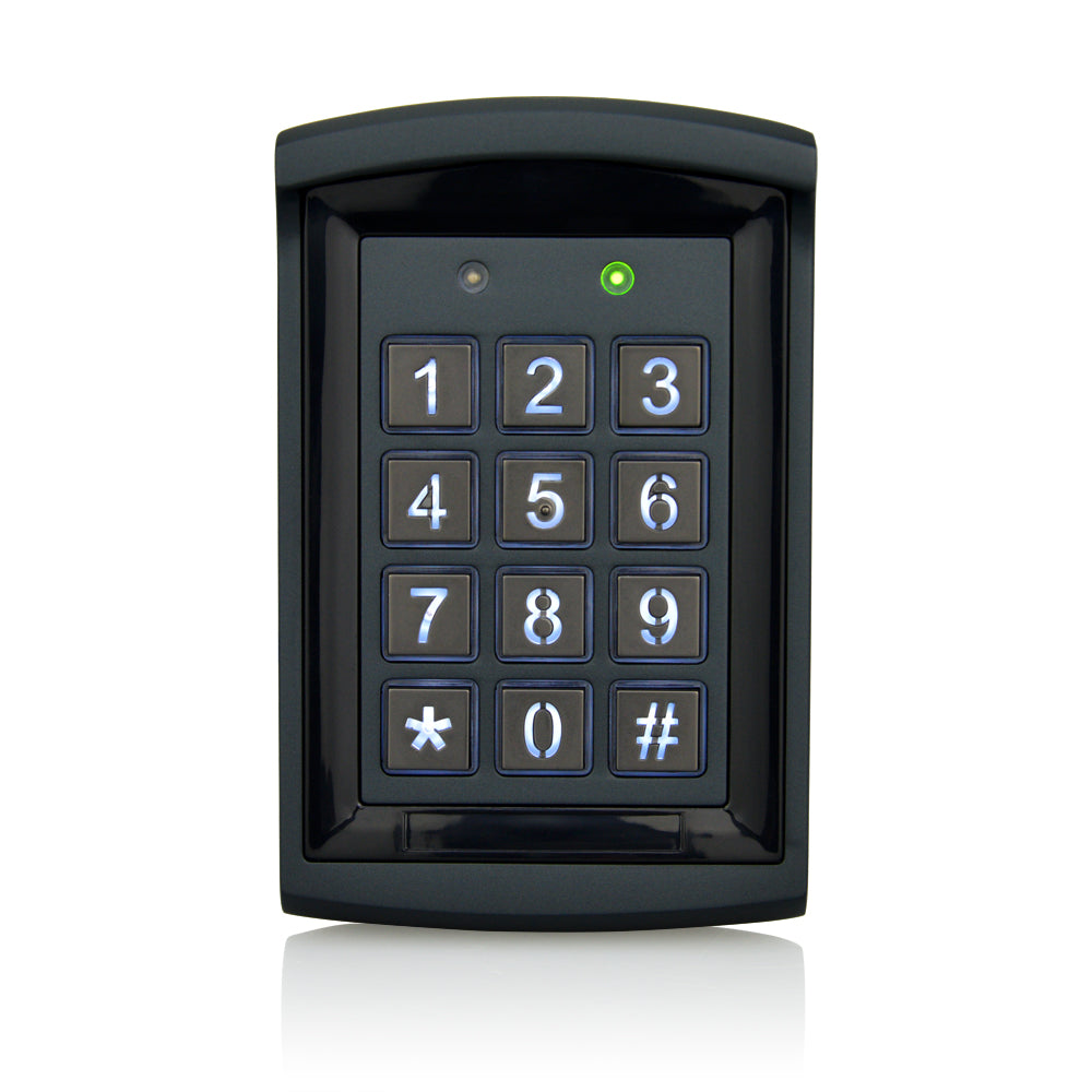 SecureMyDoor DG800N-WP-BLK keypad and proximity reader in black with keypad, key fob, and control panel for access security.
