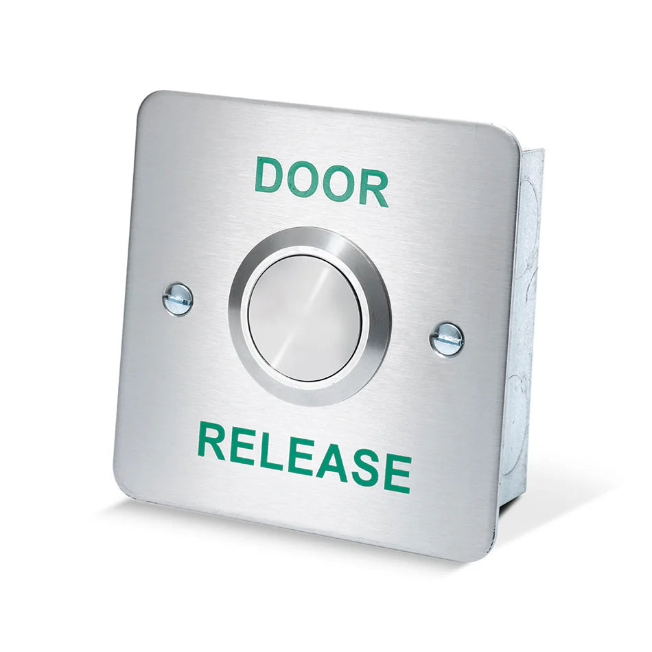 SecureMyDoor DRB006 Series push-to-exit button with metal frame and black push plate for emergency exit control.