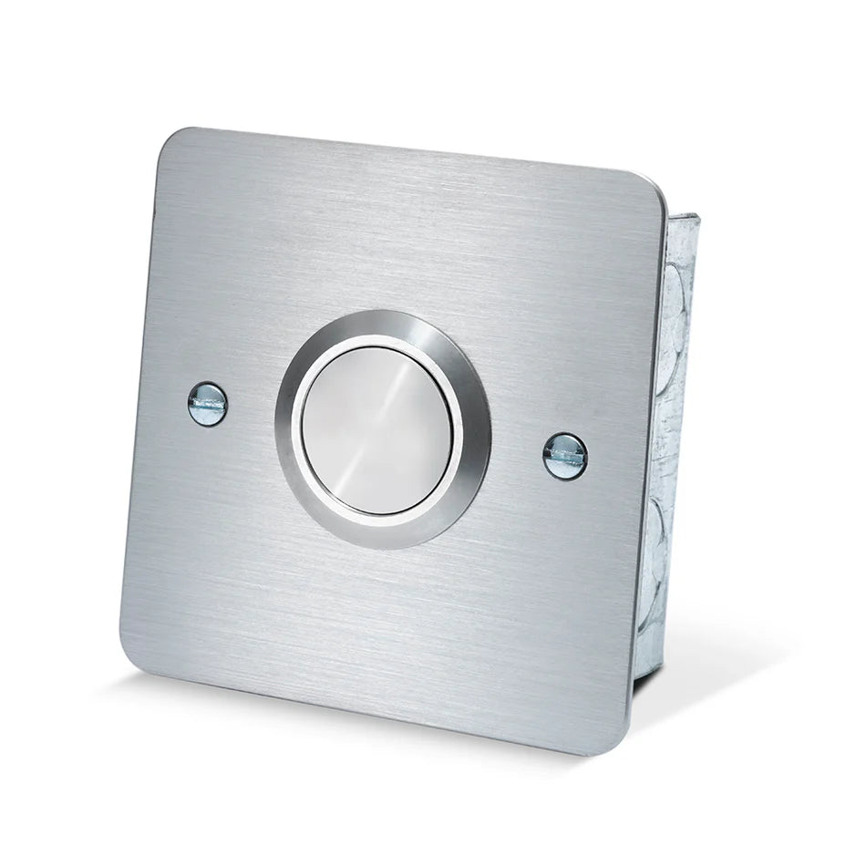 SecureMyDoor DRB006 Series push-to-exit button with a sleek black finish for easy door release.